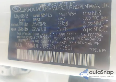 2025 Hyundai Tucson Sel z USA, uszkodzony, nr VIN 5NMJBCDE2SH573801